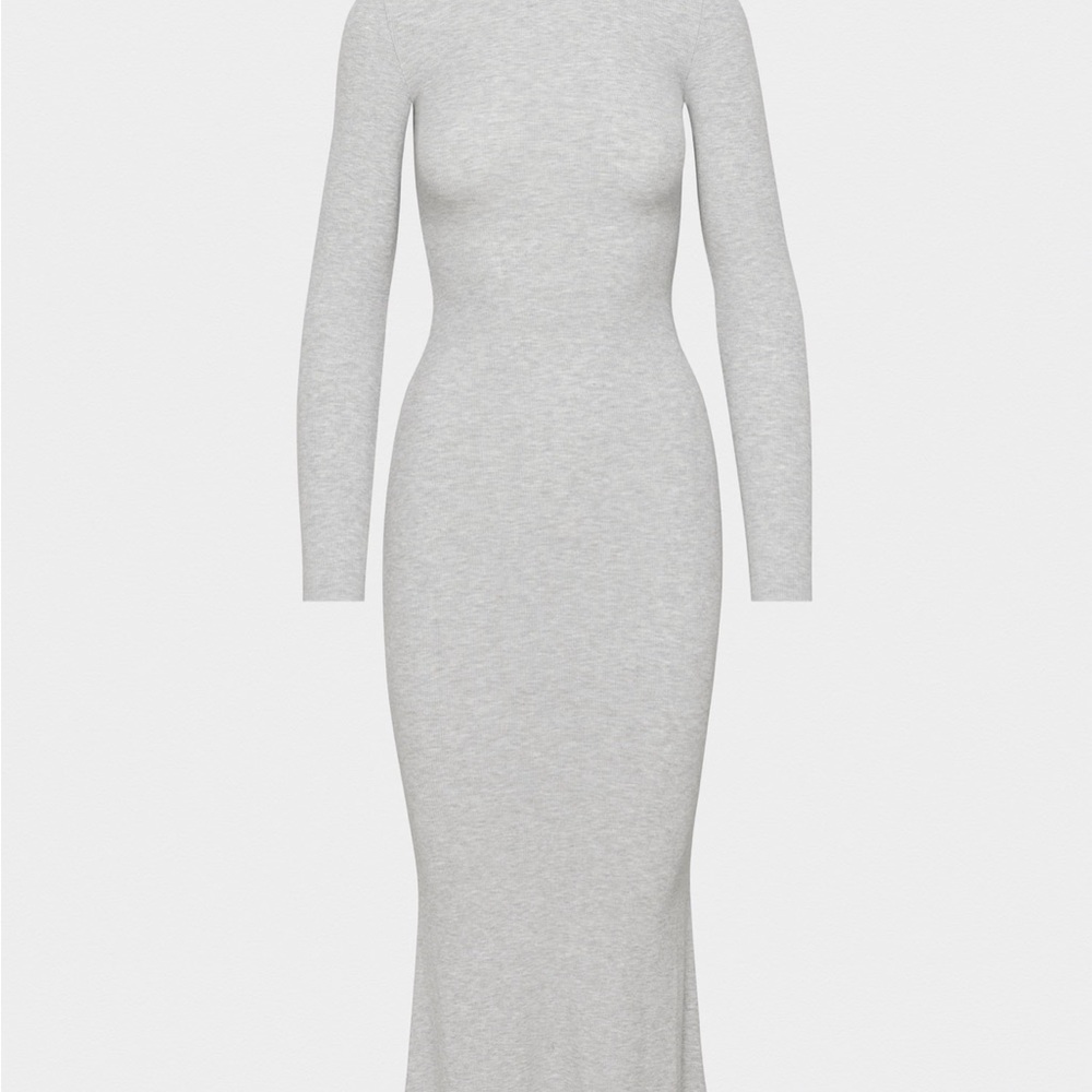 Gray Ribbed Bodycon Dress with Long Sleeves and Mock Neck for Bride